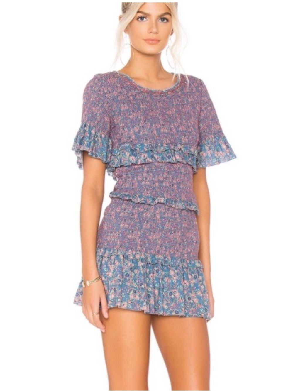 LoveShackFancy Aveline Smocked Ruffle Trim Mini Dress Floral Printed XXS